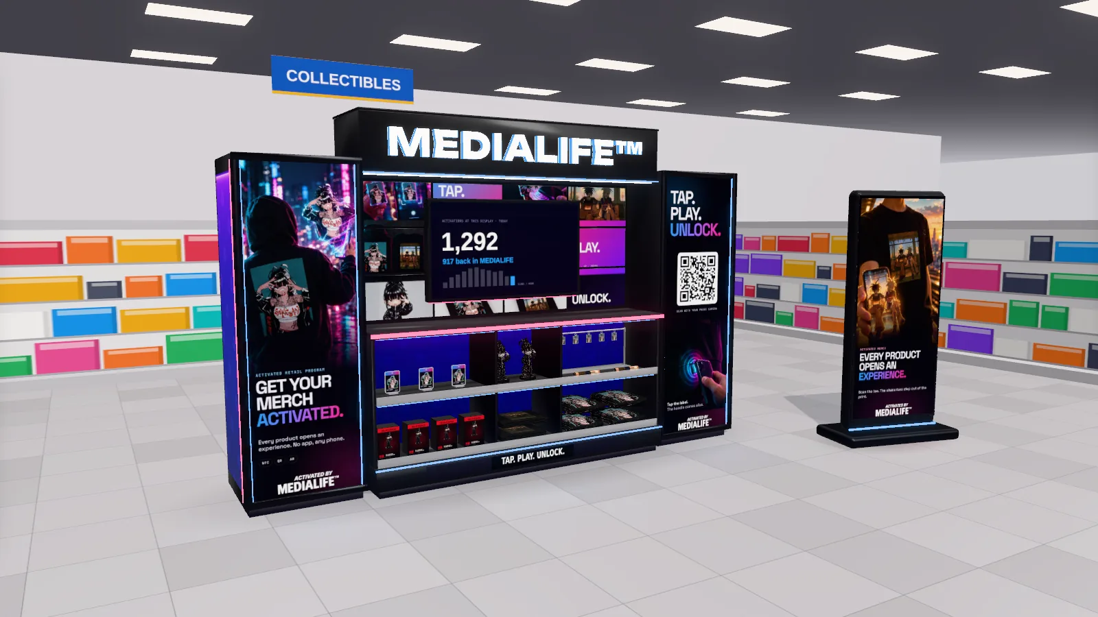 The MEDIALIFE activated-retail fixture: lit towers, a video wall, a stocked merch bay and a digital totem